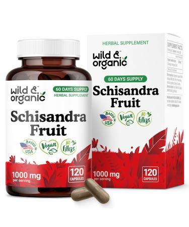 Wild & Organic Schisandra Berry Capsules 1000 mg - Mood & Relaxation Support - Schisandra Powder Extract Supplement - Vegan No Fillers Non-GMO - 120 Count 120 Count (Pack of 1)