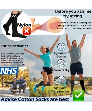 Kensington Cotton Compression Socks for Women & Men - Medical Grade Support for Calf & Ankle - Black, Shoe Size 9-11 - Buy Online on GoSupps.com