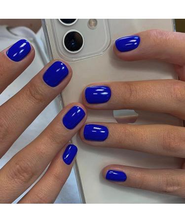 Blue Press On Nails - Short Square Fake Nails | 24pcs Glossy Acrylic Glue-On Short Nails for Women - Thick & Reusable - Buy Online on GoSupps.com