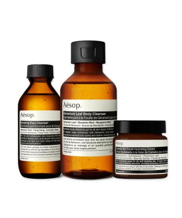 Aesop Face and Body Care Kit - Amazing Face Cleanser (3.3 oz) + Camellia Nut Facial Cream (2.1 oz) and Geranium Body Cleanser (3.4 Oz) | Paraben-Free Cruelty-Free & Vegan Face & Body Essential Kit