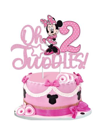 Pink Oh Twodle Cake Toppers For Girls Cartoon Mouse Cake Decorations Pink Mouse Theme Birthday Party Suppliers For Girls Pink Glitter 2nd Birthday Cake Decor(Doubled-Sided)