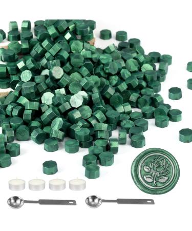 Mornajina 360 Pieces Metallic Green Sealing Wax Beads  Octagon Wax Seal Beads Kits for Wax Seal Stamp  with 2 Wax Sealing Stamp Melting Spoons and 4 Candles