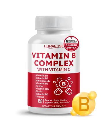 Vitamin B Complex Vitamin B1 B2 6,9,12 Niacin with Vitamin C - Support Brain Health Energy Levels Skin Hair and Nails - Made and Tested in The USA 150 count (pack of 1)
