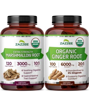 Zazzee Organic Digestive Comfort Support Bundle | 20:1 Ginger Root Extract Plus Marshmallow Root Capsules | Non-GMO Vegan & ISO Lab Tested