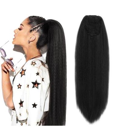 Kinky Straight Ponytail Extension for Black Women Yaki Straight Ponytails Synthetic Hair Extensions 28 Inch (1B Black) 28 inches #1B