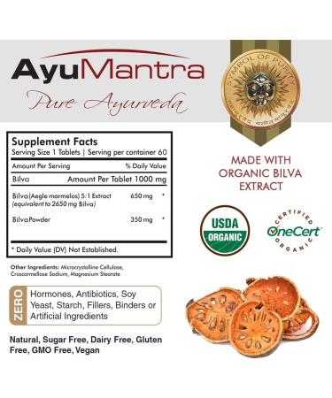 AyuMantra Organic Bilva SPL Tablets - Promotes Healthy Stool Formation - 60 Tablets 1000mg - Buy Online on GoSupps.com