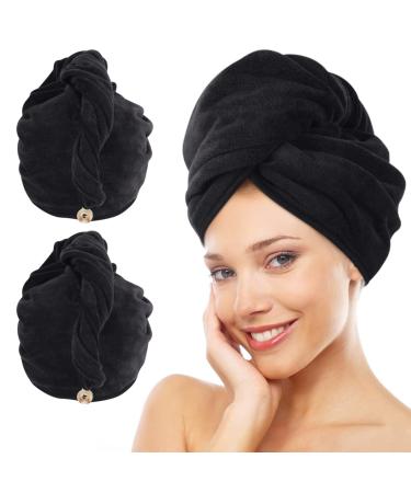 KinHwa Microfiber Hair Towel Wrap Super Absorbent 28inch x 12inch Large Dry Hair Turban Towel for Women Wet Long Thick Hair Ultra Soft with Button Design Black 2 Pack