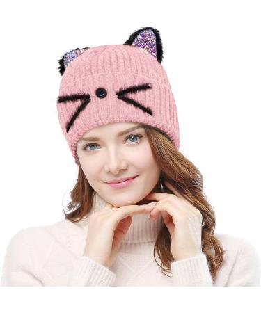 Bellady Mother Children Sequin Cat Ears Hats | Pink Knit Crochet Beanies for Kids and Adults - Buy Online on GoSupps.com