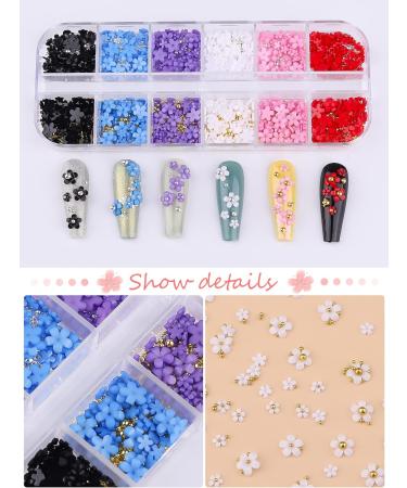 3D Colorful Flower Nail Charms | Acrylic Rhinestone Decorations | Kalolary Nail Art Studs | Gold Silver Caviar Beads | Women Girls | 12 Grids/Box - Buy Online on GoSupps.com