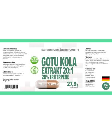 Gotu Kola 5 000mg quivalent (250mg d'extrait 20:1) 90 g lules v g taliennes 20% Triterpenes test par des tiers en laboratoire - Buy Online on GoSupps.com