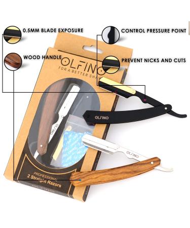 OLFINO Pack of 2 Straight Razors - Matte Black & Gold, Barber Razor with Wood Handle and 20 Blades | Professional Men's Straight Edge Razor Kit - Buy Online on GoSupps.com