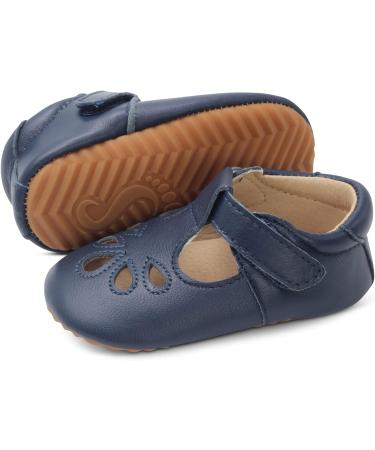 Dotty Fish Leather T-bar First Walking Shoes for Baby and Toddler Girls, Non-Slip, Size 6 UK Child, Navy T Bar - Buy Online on GoSupps.com