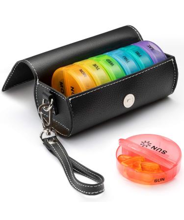 Weekly Pill Organizer 2 Times a Day,AM PM Large Daily Pill Box with PU Leather Case for Travel,Round Medicine Organizer,7 Day Pill Container for Vitamin Fish Oils Supplement Rainbow