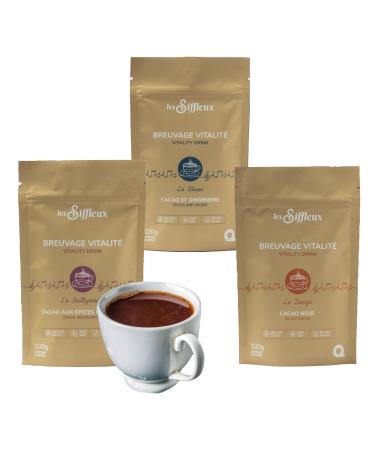 LES SIFFLEUX Hot Chocolate Vitality Drink - Discovery Bundle (3-Pack) - Trio Includes our Cacao Blends Blues Tango and Bollywood (3 x 100g) - Caffeine-Free Sugar-Free Vegan Cocoa Blend