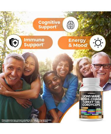 Vitamax Lions Mane Mushroom Turkey Tail Chaga & Reishi Cordyceps Shiitake White Elm King Trumpet Nameko Oyster Porcini Focus & Energy - Made in USA (60 Capsules (Pack of 1)) 60 Count (Pack of 1) - Buy Online on GoSupps.com