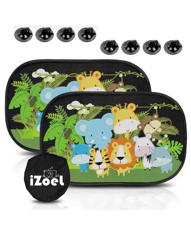 iZoeL Car Sun Shade for Baby Kids 2 PCS Static Cling Side Window Car 80GSM Animals Cars Rear Sunshades Universal with 8 Suction Cups and Storage Bag - Sun Glare and UV Rays Protection Green Animal
