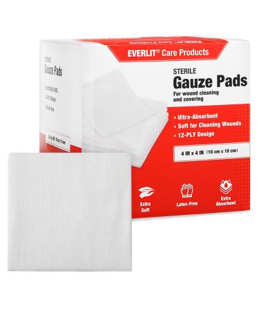 EVERLIT Extra-Thick 4''x4'' Sterile Gauze Pad 12-Ply, 100 Pack, Ultra Absorbent Non-Woven Gauze Sponges for Wound Care (100)
