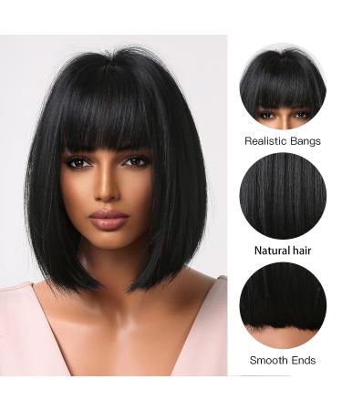 AWEE Black Short Bob Wig with Bangs - 10 Inch Natural Straight Synthetic Hair for Daily Wear and Cosplay - Buy Online on GoSupps.com
