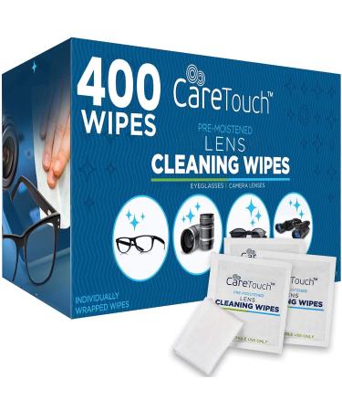 Care Touch Lens Wipes for Eyeglasses | Individually Wrapped Eye Glasses Wipes | 400 Pre-Moistened Lens Cleaning Eyeglass Wipes