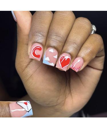 Valentine s Day Press On Nails Short Square Fake Nails French Tip False Nails With Red Heart Design Stick On Nails Full Cover Acrylic Nails Press Ons Glossy Glue On Nails For Women 24Pcs 1