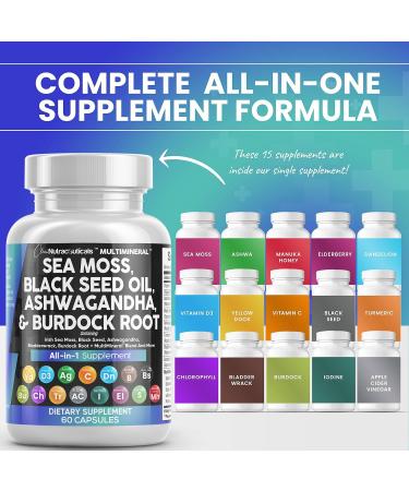 Sea Moss & Black Seed Oil Supplement - 3000mg Sea Moss 2000mg Black Seed Oil & More | 2-Pack of Ashwagandha Turmeric Bladderwrack & Vitamins for Immunity & Wellness - International Shipping Available - Buy Online on GoSupps.com