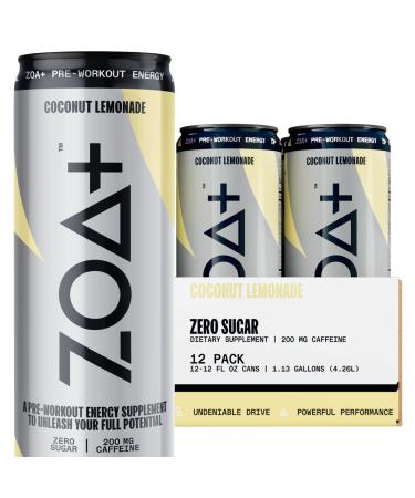 ZOA+ Pre-Workout Energy Drink Coconut Lemonade 12 Fl Oz - Zero Sugar Nitric Oxide Support Vitamins Amino Acids Electrolytes Natural Caffeine - Gluten Free & Keto Friendly (Pack of 12)