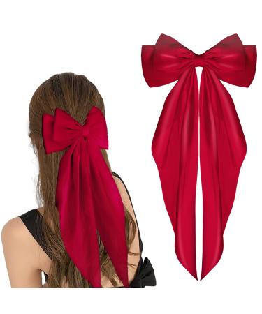 Wllhyf hair clips with a large bow long cock French band hairpins soft silky satin-haired sponge metal-arch-node clips accessories of the 90s for women girls (red)