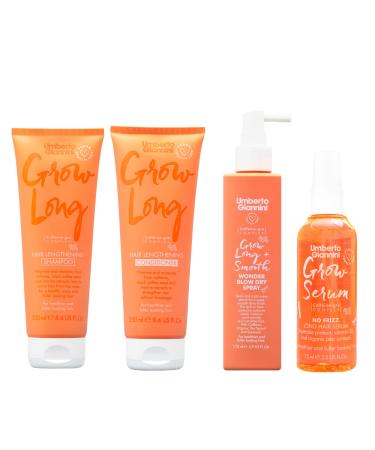 Umberto Giannini Grow Long Wash & Style Kit Shampoo Conditioner Blow Dry Spray & Serum Vegan & Cruelty Free Root Stimulating Hair Growth Kit Grow Long Shampoo Conditioner & Blow Dry Set