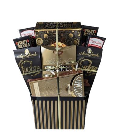 Golden Impression Gift Basket - Indulge in a symphony of flavors with our Opulent Gift Ensemble. Delight in caramel popcorn chocolate chip cookies savory bar mix delicious chocolate and tasty Fruit Jellies. Elevate your gift-giving with this curated gourm