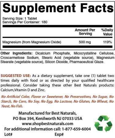 Best Naturals Magnesium Oxide 500mg 180 Tablets - Essential Mineral Supplement - Buy Online on GoSupps.com
