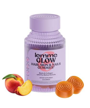 Lemme Glow Collagen Gummies for Thick Hair Strong Nails & Healthy Skin with Multi-Collagen Peptides Biotin Trace Minerals Zinc Vitamins A C & E Dairy & Gluten Free Peach Flavor 60 ct.