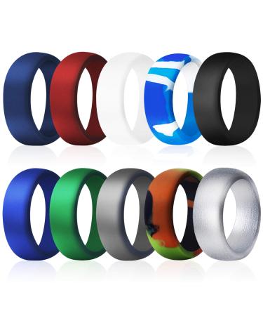 COOLOO Silicone Wedding Ring for Men, 10 Pack Affordable Silicone Rubber Wedding Bands Durable Comfortable Rings, Black White Blue Silver Gray Colorful 2 (10 pack) 12.5 - 13(22.2mm)