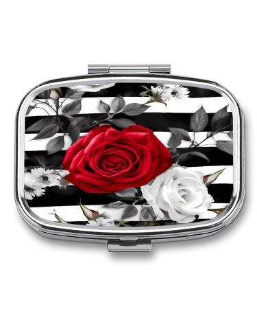 Pill Box Black White Stripes Red Rose Flowers Print 2 Compartment Medicine Pill Case Pill Organizer Decorative Metal Portable Pill Box for Pocket Or Purse Style