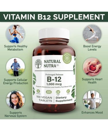 Natural Nutra Vitamin B12 1000 mcg Cobalamin Supplement - 100 Vegan Tablets | Gluten & Sugar Free - Calcium Phosphate for Metabolism Health & Optimal Absorption - 100 Count - Buy Online on GoSupps.com