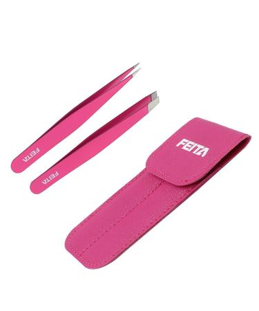 Precision Tweezers for Eyebrows - FEITA Professional Stainless Steel Slant & Pointed Eyebrow Tweezer Set with Travel Case for Woman Facial Hair Removal Clip (Pink - 2 Pcs)