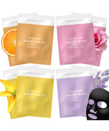 Facial Mask (8 Sheet Masks) - Collagen & Hyaluronic Acid Facial Masks Skincare Set for Glowing Skin, Dermatologist Tested Charcoal Face Mask, Moisturize and Brighten With 4 Mask Varieties