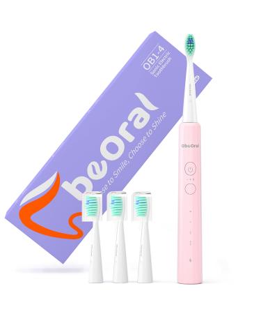 Sonic Electric Toothbrush, ObeOral 12 Modes Rechargeable Tooth Brush with 4 Dupont Bristles, Smart Timer, Whitening Electric Toothbrushes for Adults and Kids 8+, Light Pink