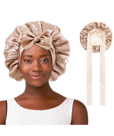Satin Bonnet Silk Bonnet for Sleeping  Hair Bonnet  Reversible Bonnets for Women  Non Slip Ajustable Bonnets Double-layer(coffee + Champagne)