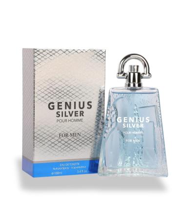 GENIUS SILVER EAU DE TOILETTE 3.4 FL. Oz. Woody Aromatic fragrance for men.