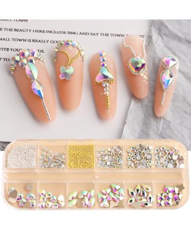 FEIlei 12 Grids Box Set Flat Back Rhinestones and Small Round Diamond Combination for DIY Nail Art Accessories Crystals