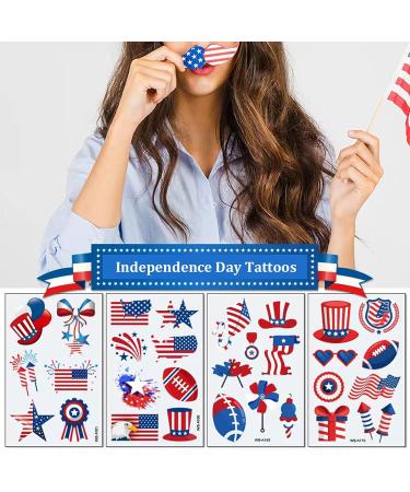 4th of July Temporary Tattoos - 100pcs Fake Tattoos for Kids & Adults | Independence Day Body Art Stickers in Red White Blue | Memorial Day, Labor Day, USA National Flag Decor - Buy Online on GoSupps.com