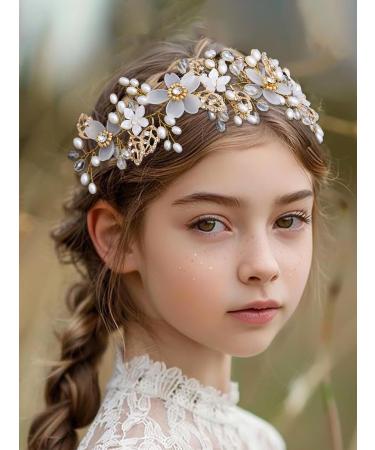 IYOU Flower Girl Headpiece Gold Flower Pearl Headband Leaf Crystal Bridal Wedding Hair Accessories for Girls - Buy Online on GoSupps.com