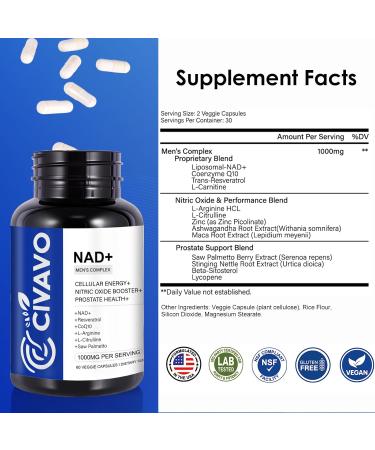 NAD+ Supplement for Men 1000mg Liposomal NAD+ with Resveratrol CoQ10 L-Citrulline & Maca Root Cellular Energy Healthy Aging Support Antioxidant Nitric Oxide Prostate Health for Men 60 Capsules - Buy Online on GoSupps.com