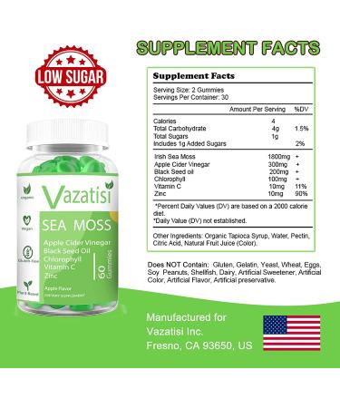 Organic Irish Sea Moss Gummies with ACV, Black Seed Oil & Chlorophyll - Thyroid, Digestion & Immune Support - 120 Vegan Gummies (2 Pack) - Buy Online on GoSupps.com