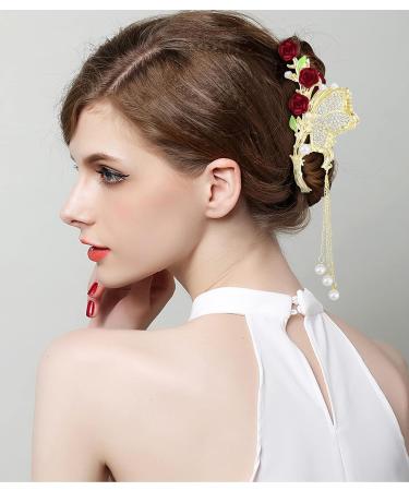 Rose Butterfly Tassel Hair Claw Clips Set - Elegant Floral Design with Pearls and Rhinestones, Strong Hold Hair Clamps for Women - Buy Online on GoSupps.com