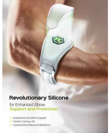 Rakiie Elbow Bandage Pro 2-Pack - Enhanced Support & Pain Relief for Tendonitis Tennis Elbow - Larger Size with Silicone Pads - Unisex Gray - Buy Online on GoSupps.com