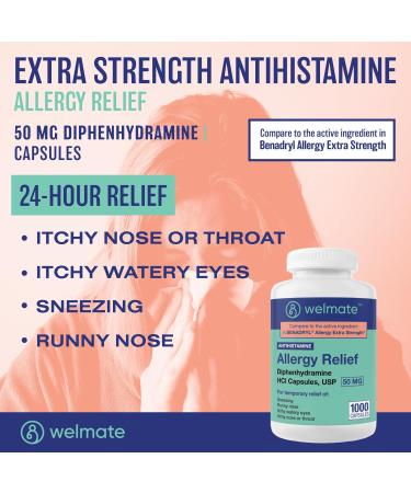 WELMATE Allergy Relief - Diphenhydramine 50 mg Capsules (1000 Count) | Non-Drowsy Antihistamine for Sneezing Runny Nose Itchy Eyes & Throat Relief - International Shipping Available - Buy Online on GoSupps.com
