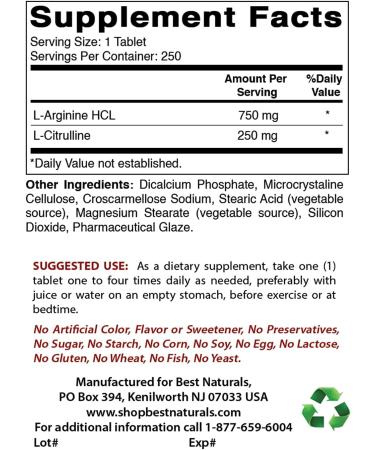 Best Naturals L-Arginine L-Citrulline Complex Tablets - 250 Count Pack - Premium Nitric Oxide Booster Supplement - Buy Online on GoSupps.com