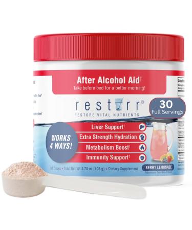 restirr After Alcohol Aid & Recovery: Supports Liver Health, Boosts Metabolism and Supports The Immune System with DHM, Milk Thistle, B-Complex, Hydration. 30 Doses Berry Lemonade 3.7 Ounce (Pack of 1)