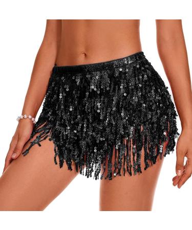 QKEPCY Women Quasten sequin skirt fringe rock glitter belly dance rock sequins belly dance Mini Latin metallic rock short knee long for carnival party festival unit size black